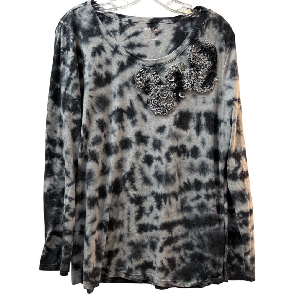 Style & Co Tie Dye Beaded Top Womens Size Large Gray & Black Cotton Blend